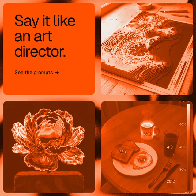 Instagram post for HelloPrompts: "Say it like an art director." Agentic glass style, collage layout, dark palette in orange.