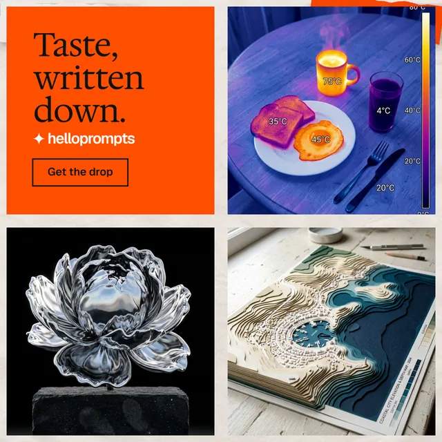 Instagram post for HelloPrompts: "Taste, written down." Editorial style, collage layout, light palette in blue, grey, red.