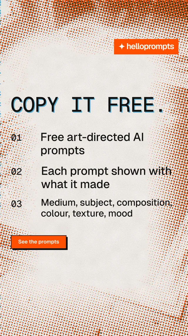 Instagram story for HelloPrompts: "Copy it free." Brutalist style, numbered layout, light palette in orange.