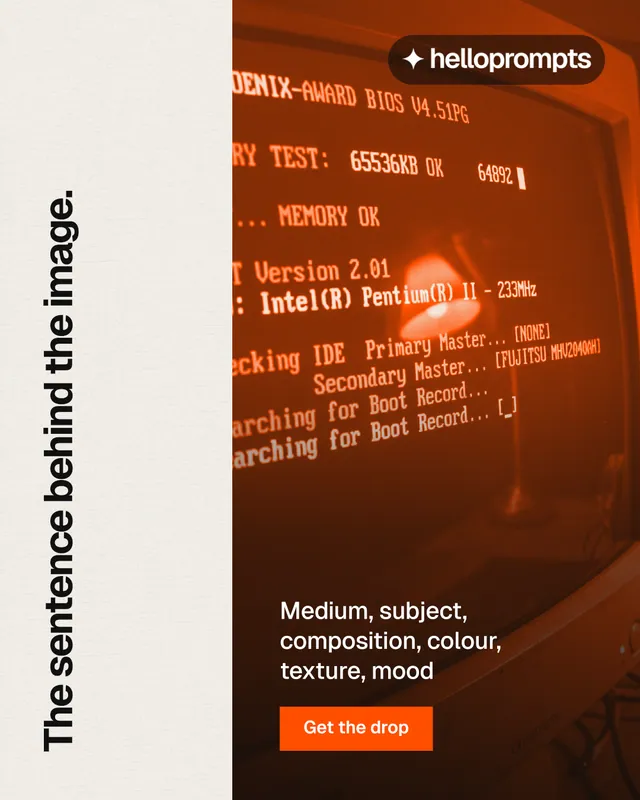 Instagram portrait post for HelloPrompts: "The sentence behind the image." Swiss style, vertical layout, light palette in orange, yellow, brown.