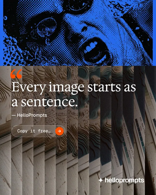 Instagram portrait post for HelloPrompts: "The sentence behind the image." Agentic glass style, quote layout, dark palette in black, grey, blue.