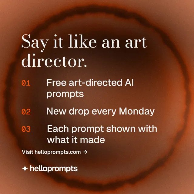 Instagram post for HelloPrompts: "Say it like an art director." Minimal luxury style, numbered layout, dark palette in orange, brown.
