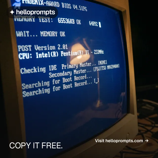 Instagram post for HelloPrompts: "Copy it free." Brutalist style, image led layout, dark palette in blue, black, grey.