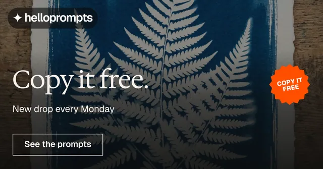 Social ad for HelloPrompts: "Copy it free." Editorial style, sticker layout, dark palette in black, grey.