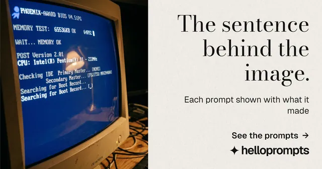 Social ad for HelloPrompts: "The sentence behind the image." Minimal luxury style, right layout, light palette in yellow, blue, grey.