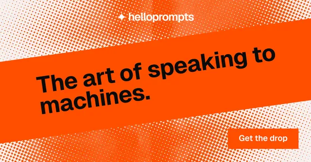 Social ad for HelloPrompts: "The art of speaking to machines." Swiss style, diagonal layout, light palette in orange.