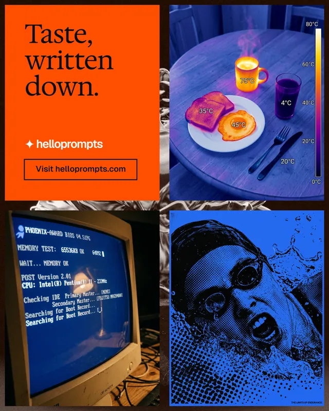 Instagram portrait post for HelloPrompts: "Taste, written down." Editorial style, collage layout, dark palette in blue, red.