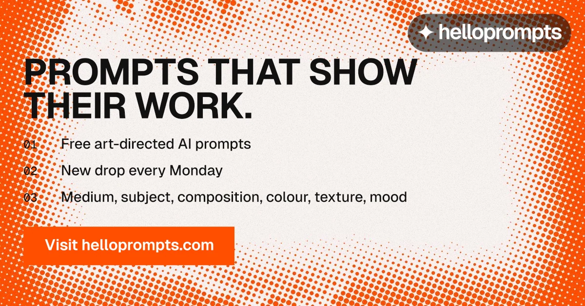 Social ad for HelloPrompts: "Prompts that show their work." Swiss style, numbered layout, light palette in white, brown, orange.