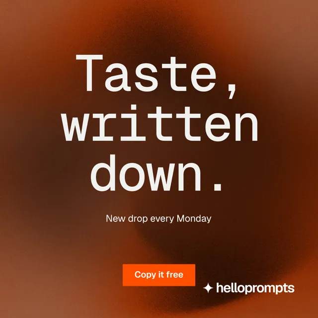 Instagram post for HelloPrompts: "Taste, written down." Swiss style, centred layout, dark palette in orange, brown.