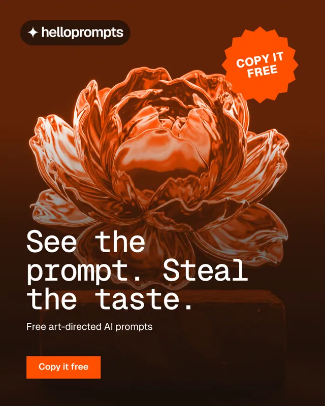 Instagram portrait post for HelloPrompts: "See the prompt. Steal the taste." Retro print style, sticker layout, dark palette in orange, black.