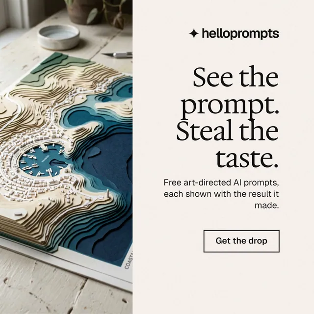Instagram post for HelloPrompts: "See the prompt. Steal the taste." Editorial style, right layout, light palette in white, grey, orange.