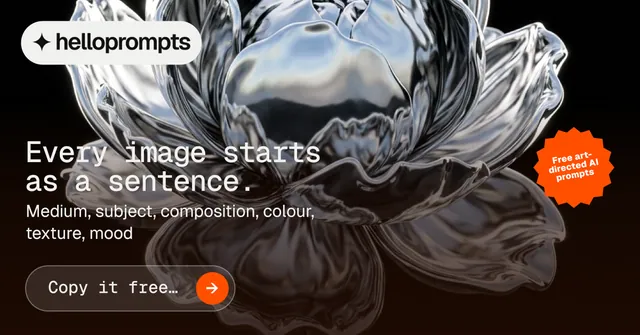 Social ad for HelloPrompts: "Every image starts as a sentence." Agentic glass style, sticker layout, dark palette in black, grey, orange.
