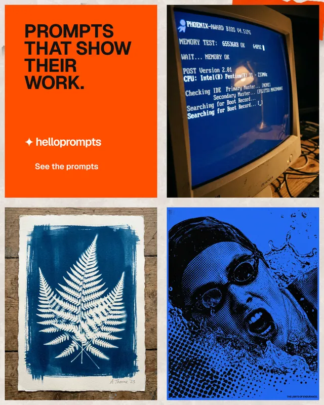Instagram portrait post for HelloPrompts: "Prompts that show their work." Swiss style, collage layout, dark palette in blue, red, white.