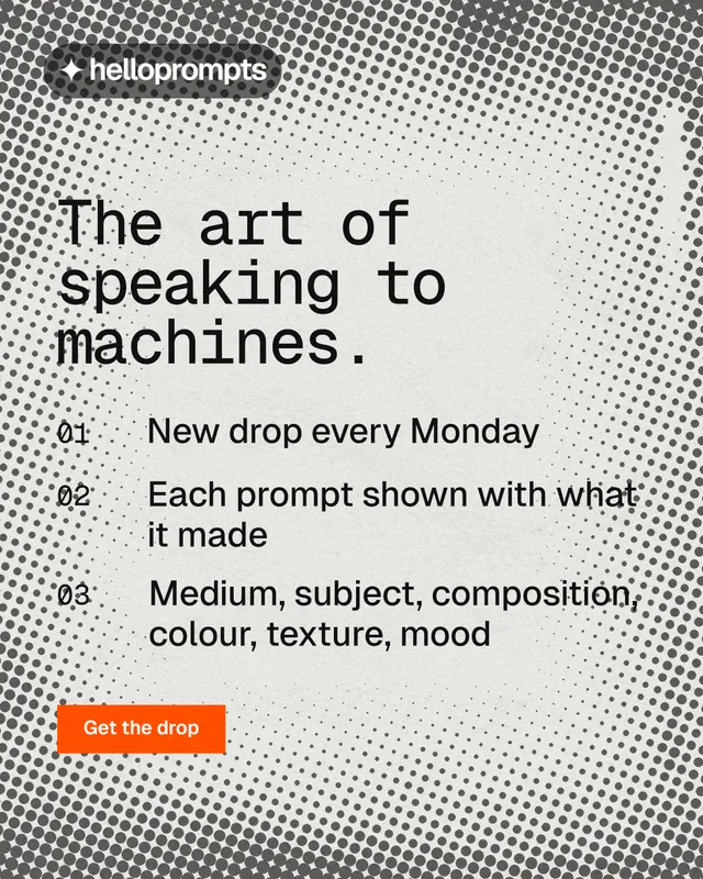 Instagram portrait post for HelloPrompts: "The art of speaking to machines." Retro print style, numbered layout, light palette in grey, white.