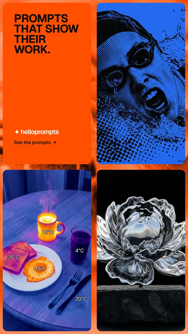 Instagram story for HelloPrompts: "Prompts that show their work." Agentic glass style, collage layout, dark palette in red, blue, black.