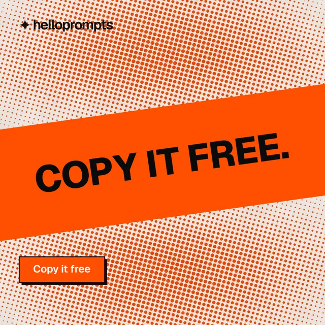 Instagram post for HelloPrompts: "Copy it free." Brutalist style, diagonal layout, light palette in orange.