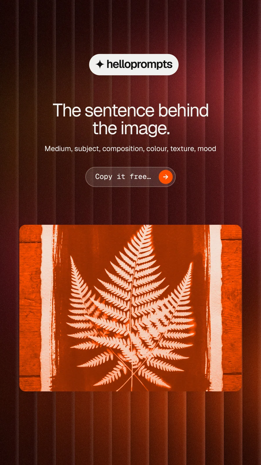 Instagram story for HelloPrompts: "The sentence behind the image." Agentic glass style, centred layout, dark palette in red, black, orange.