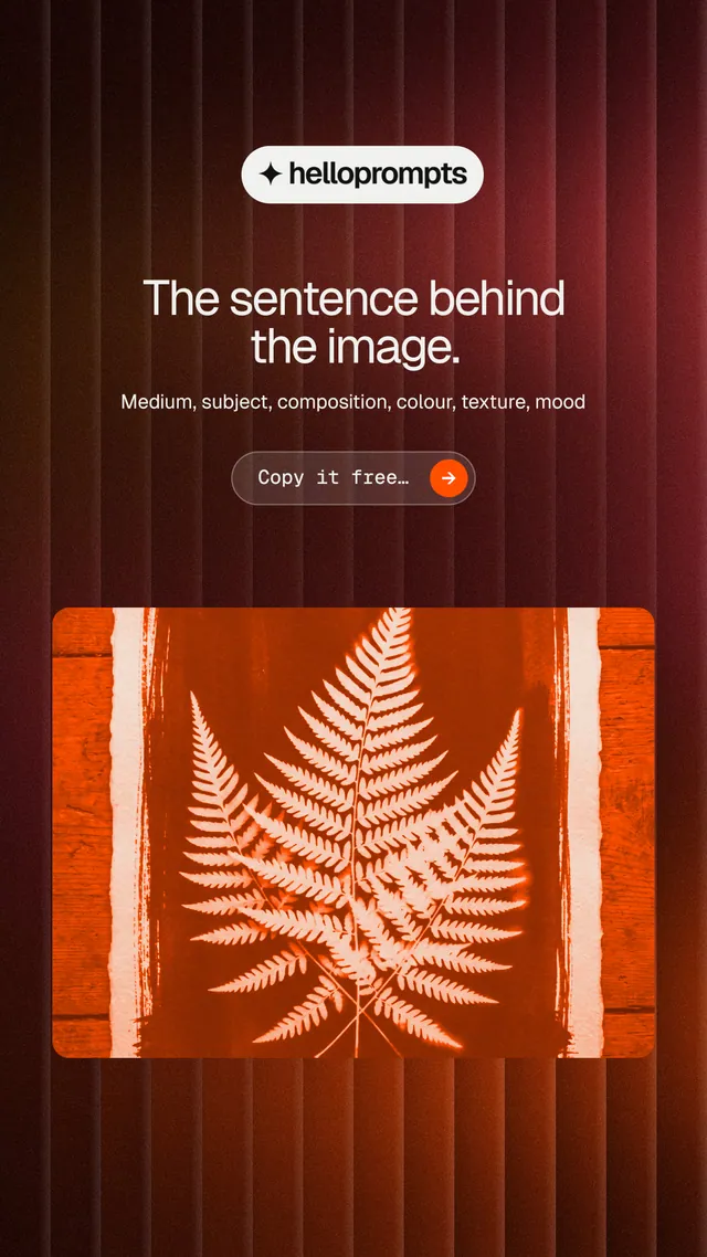 Instagram story for HelloPrompts: "The sentence behind the image." Agentic glass style, centred layout, dark palette in red, black, orange.