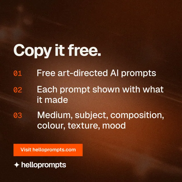 Instagram post for HelloPrompts: "Copy it free." Swiss style, numbered layout, dark palette in orange, brown, black.