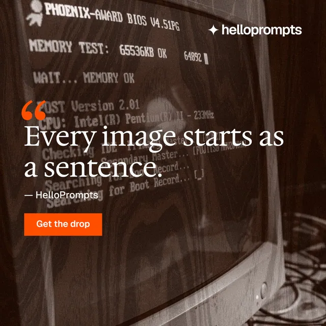 Instagram post for HelloPrompts: "The art of speaking to machines." Swiss style, quote layout, dark palette in orange, black, grey.