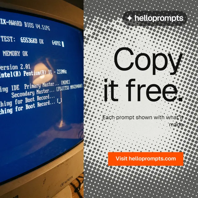 Instagram post for HelloPrompts: "Copy it free." Swiss style, right layout, light palette in blue, orange, grey.