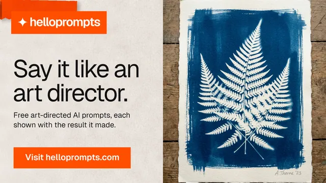 Landscape graphic for HelloPrompts: "Say it like an art director." Swiss style, bottom layout, light palette in grey, orange, white.