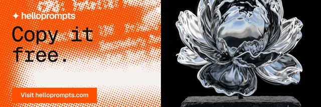 X header for HelloPrompts: "Copy it free." Swiss style, bottom layout, light palette in black, orange, white.