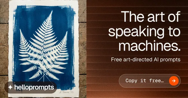 Social ad for HelloPrompts: "The art of speaking to machines." Agentic glass style, right layout, dark palette in orange, grey, black.