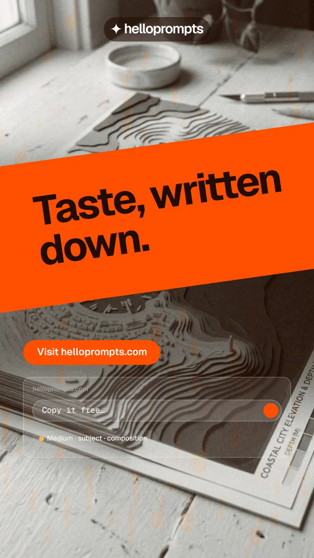 Instagram story for HelloPrompts: "Taste, written down." Photo poster style, diagonal layout, light palette in orange, grey, white.