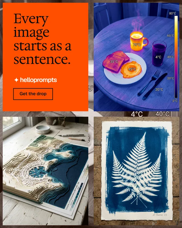 Instagram portrait post for HelloPrompts: "Every image starts as a sentence." Editorial style, collage layout, light palette in blue, grey, orange.