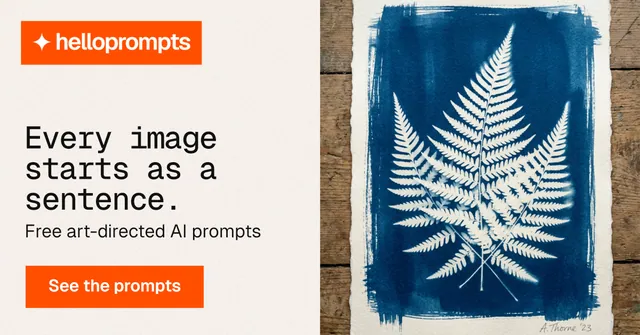 Social ad for HelloPrompts: "Every image starts as a sentence." Swiss style, bottom layout, light palette in white, grey.