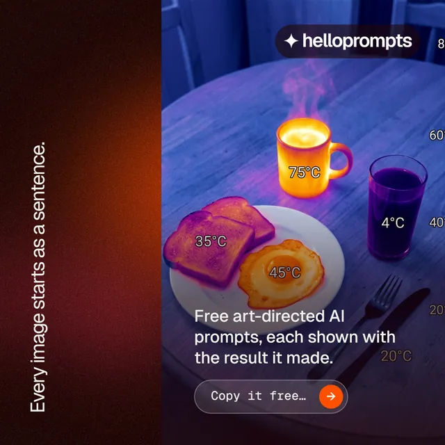 Instagram post for HelloPrompts: "Every image starts as a sentence." Agentic glass style, vertical layout, dark palette in grey, purple, red.