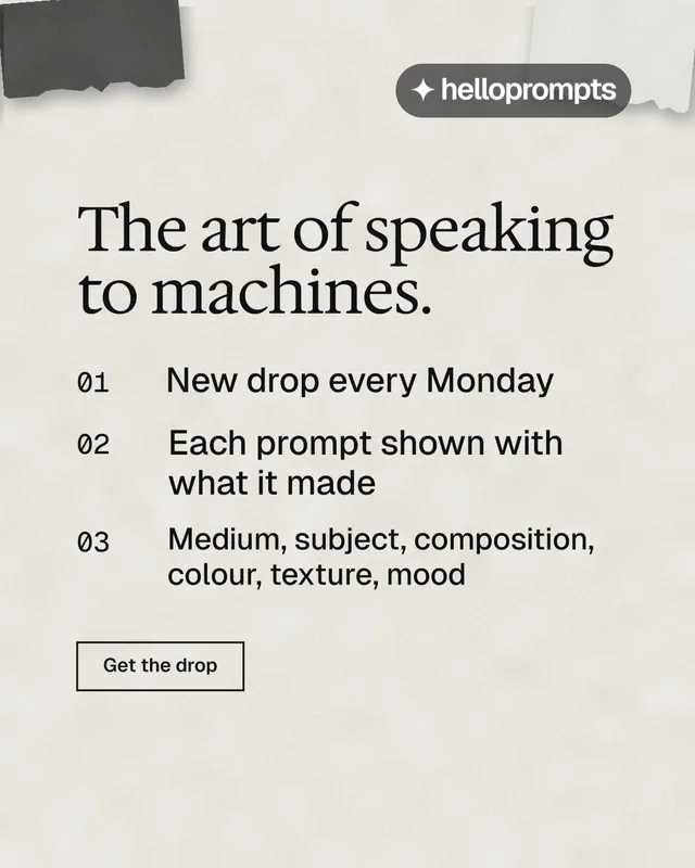 Instagram portrait post for HelloPrompts: "The art of speaking to machines." Editorial style, numbered layout, light palette in white, yellow, grey.