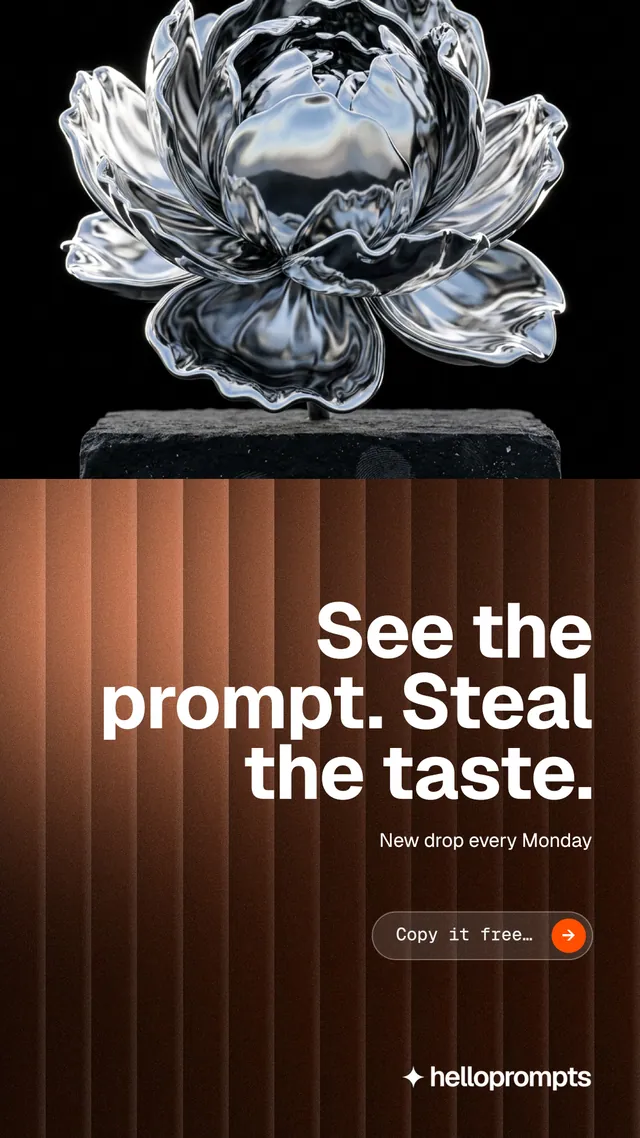 Instagram story for HelloPrompts: "See the prompt. Steal the taste." Agentic glass style, right layout, dark palette in orange, black, grey.