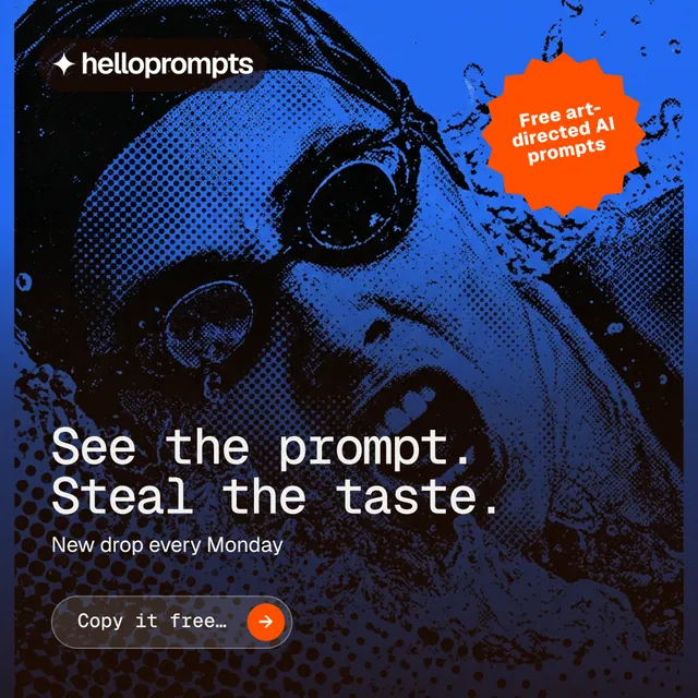 Instagram post for HelloPrompts: "See the prompt. Steal the taste." Agentic glass style, sticker layout, dark palette in purple, blue, black.