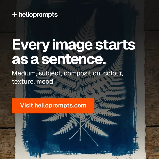 Instagram post for HelloPrompts: "Every image starts as a sentence." Swiss style, skeleton layout, dark palette in black, grey, blue.