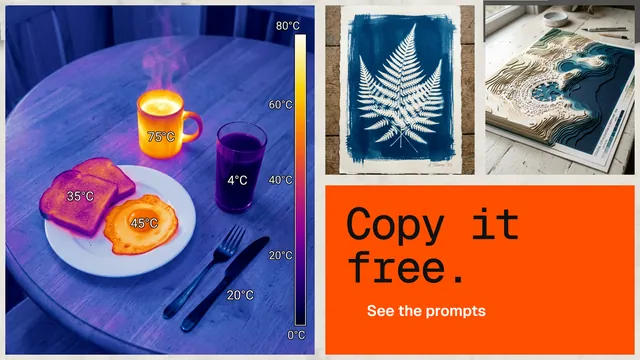 Landscape graphic for HelloPrompts: "Copy it free." Swiss style, collage layout, light palette in blue, grey, orange.