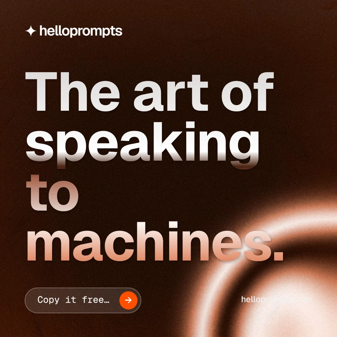 Instagram post for HelloPrompts: "The art of speaking to machines." Agentic glass style, poster layout, dark palette in black, orange.