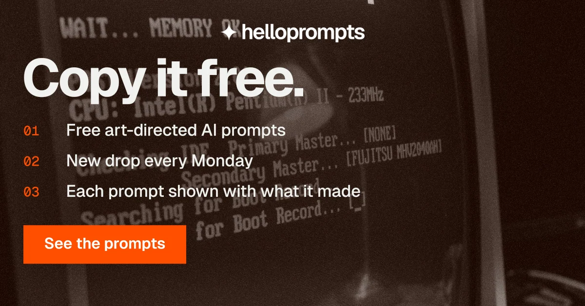 Social ad for HelloPrompts: "Copy it free." Swiss style, numbered layout, dark palette in orange, black.