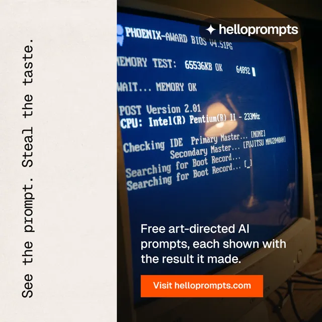 Instagram post for HelloPrompts: "See the prompt. Steal the taste." Swiss style, vertical layout, light palette in blue, black, white.