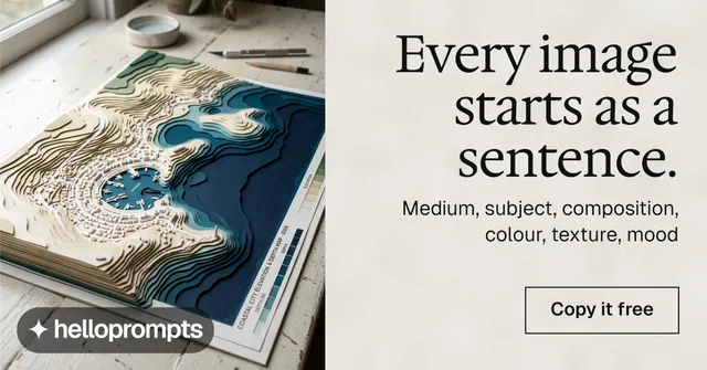 Social ad for HelloPrompts: "Every image starts as a sentence." Editorial style, right layout, light palette in yellow, grey, white.