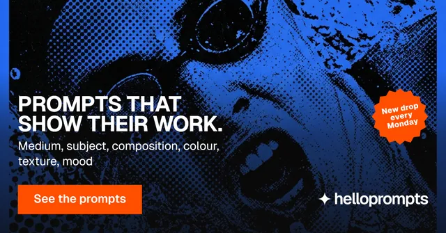 Social ad for HelloPrompts: "Prompts that show their work." Swiss style, sticker layout, dark palette in blue, black.