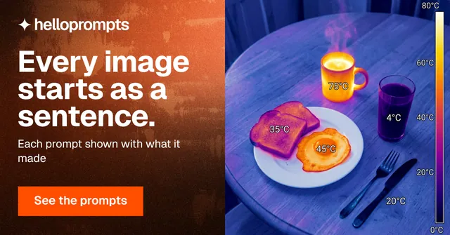 Social ad for HelloPrompts: "Every image starts as a sentence." Swiss style, bottom layout, dark palette in purple, red, blue.
