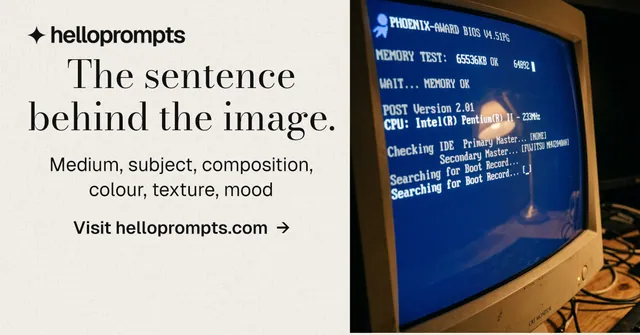 Social ad for HelloPrompts: "The sentence behind the image." Minimal luxury style, skeleton layout, light palette in blue, yellow, grey.
