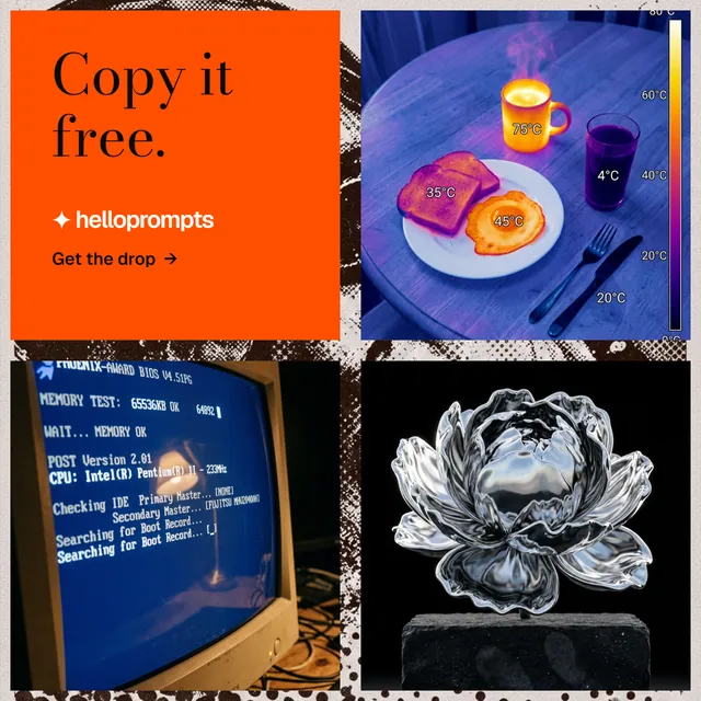 Instagram post for HelloPrompts: "Copy it free." Minimal luxury style, collage layout, dark palette in black, red, grey.