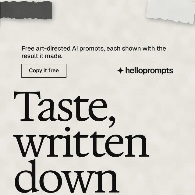 Instagram post for HelloPrompts: "Every image starts as a sentence." Editorial style, oversized layout, light palette in white, yellow, grey.