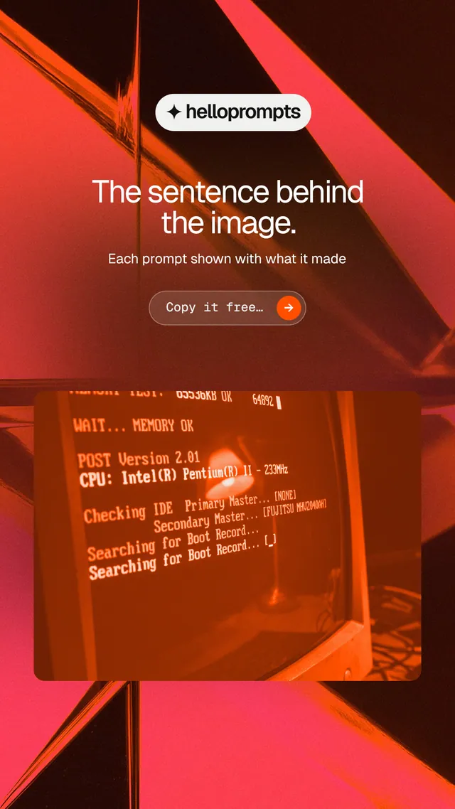 Instagram story for HelloPrompts: "The sentence behind the image." Agentic glass style, centred layout, dark palette in red, orange.