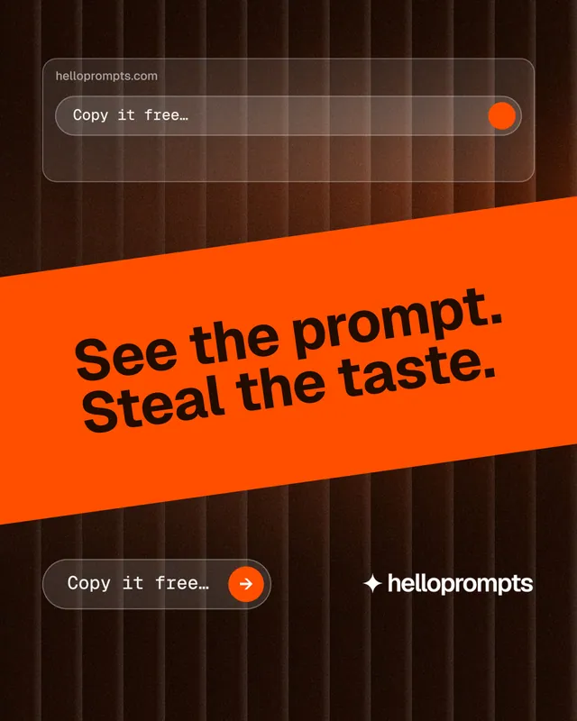 Instagram portrait post for HelloPrompts: "See the prompt. Steal the taste." Agentic glass style, diagonal layout, dark palette in black, orange.