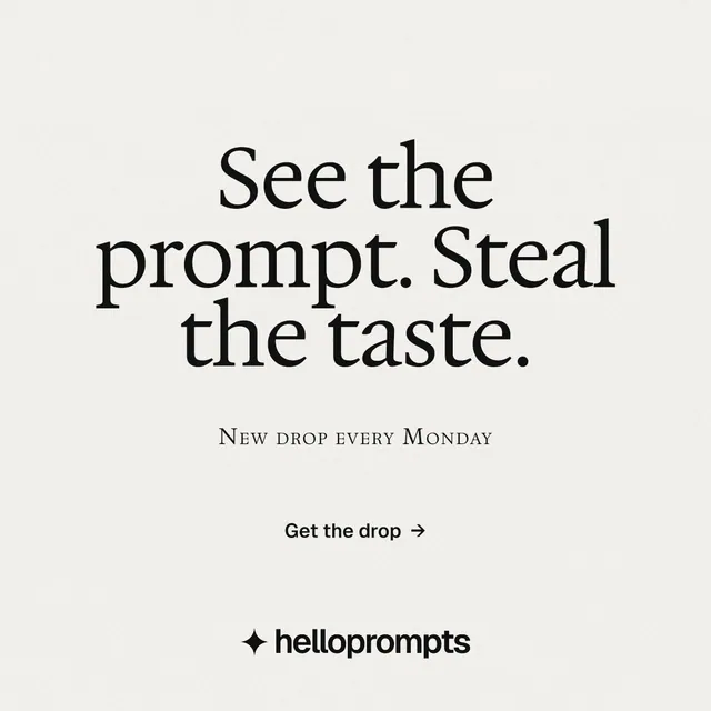 Instagram post for HelloPrompts: "See the prompt. Steal the taste." Swiss style, smallcaps layout, light palette in white, grey.