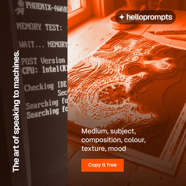 Instagram post for HelloPrompts: "The art of speaking to machines." Swiss style, vertical layout, dark palette in orange, brown.